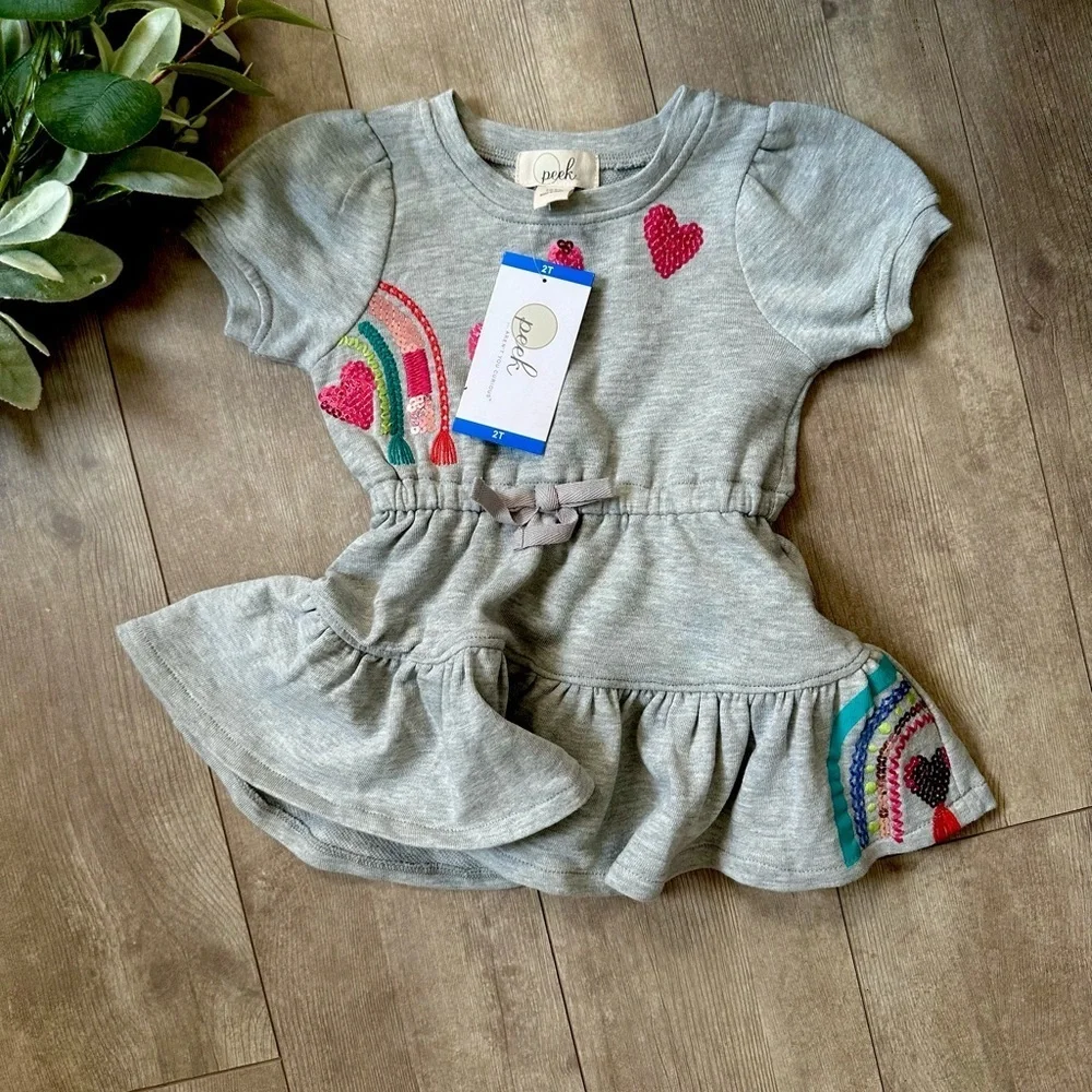 New Peek Toddler Girls Short Sleeve Sequin Dress Rainbow And Hearts size 2T